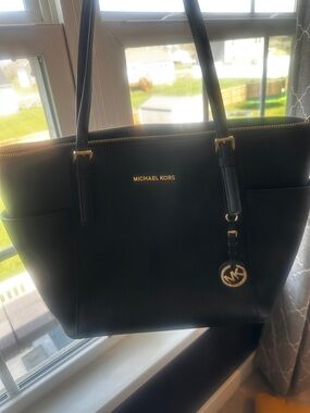 Michael Kors Black Leather Tote with Gold Accent MK Charm